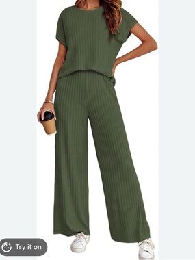 2 for $30 sale: Olive Green Finjani Ribbed brushed Knit lounge Set - wide leg